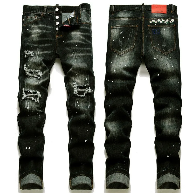 Black Jeans Slim Fashion Beading Embroidery Destroys Street Personality Men's Trousers Contrast Color Patch Men's Jeans