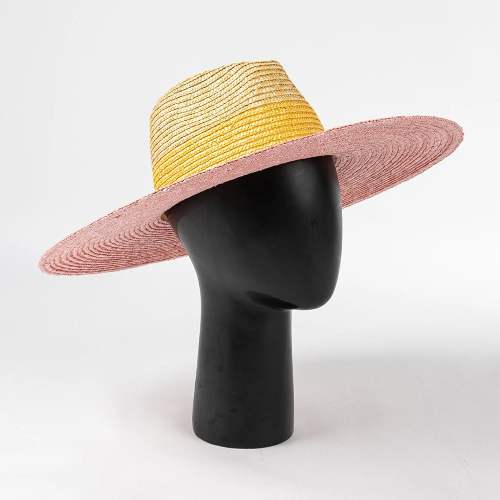 Womens Summer Beach Hat Yellow Pink 3 Tones Wheat Straw Hat Outdoor Wide Brim Sun Hat Jazz Top Panama Hat Stage Performance Hat