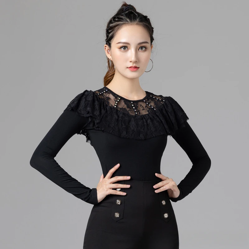 Mesh Patchwork Latin Dance Practice Suit long sleeves Ballroom Belly Costume Long Sleeve Top Women Waltz Line Rhinestones Shirt