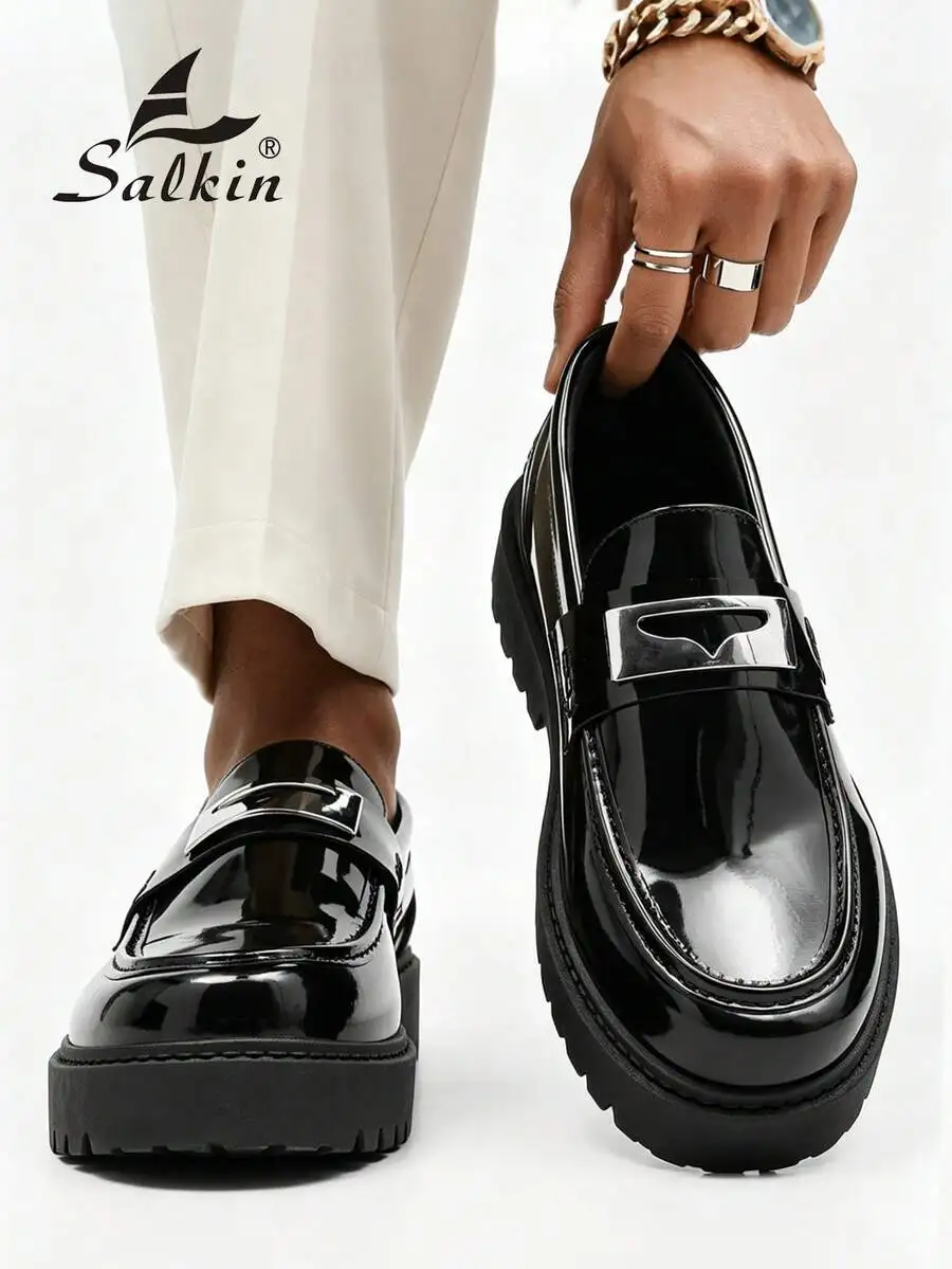 

Salkin British Loafers: Glossy Leather Slip-On, Thick Sole for Wedding & Party