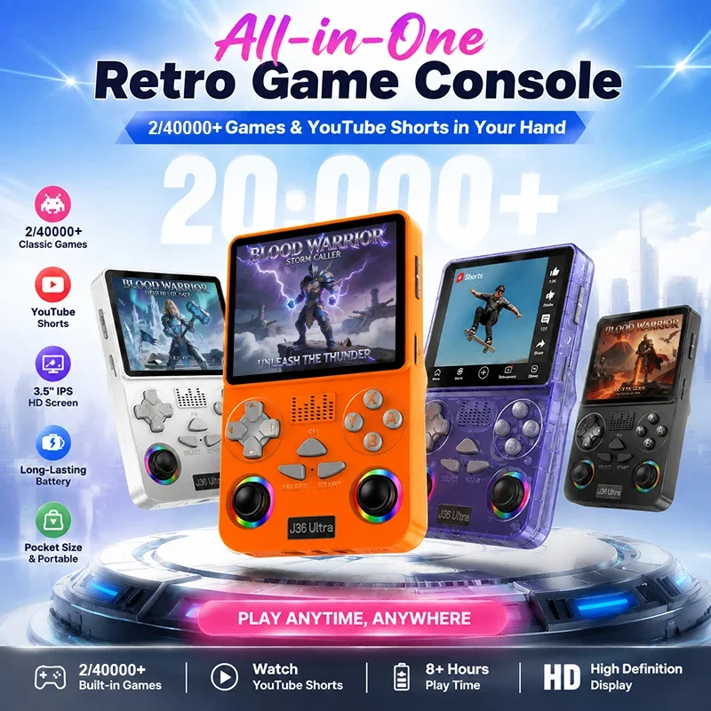 J36 Ultra Built-in 2/40000+Games Portable Handheld Game Console with 3.5 Inch IPS Screen Display RGB Joysticks For YouTube MP3