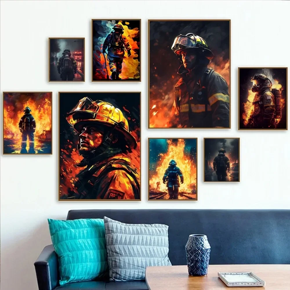 1pc Colorful Firefighter Fire Flame Human Hero Portrait Poster Stickers Art Wall Murals Decor Game Room Decor Gifts Kawaii HD