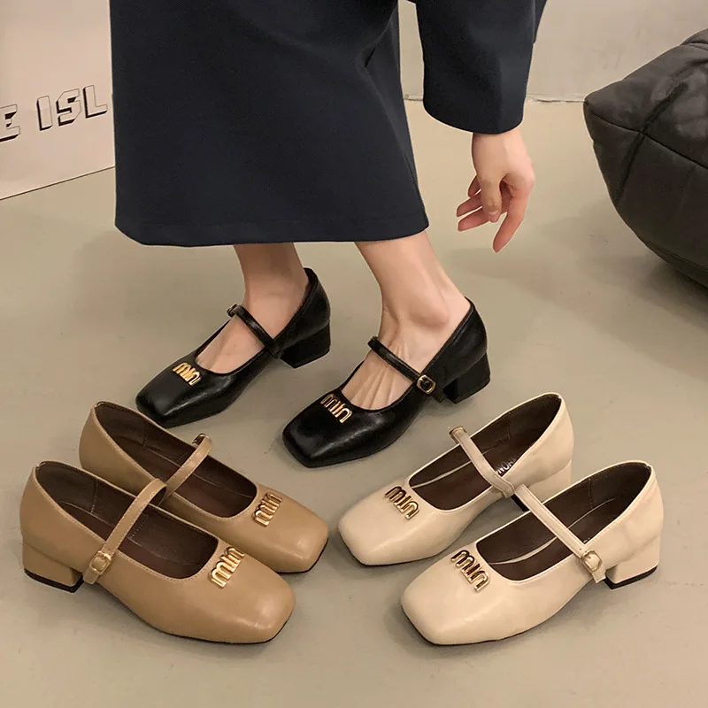 Medium Heeled Mary Jane Single Shoes 2024 New Fashion Brand Women Shoes Retro Thick Heeled Ballet Shoes Shallow Soft Sole Pumps