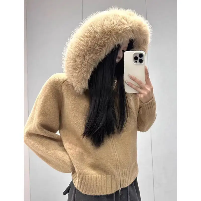 Street Knitted Fur Women's Cardigan Loose Zipper Long Sleeved Hooded Solid Knitwear Female 2025 Autumn Casual Chic Lady Outwear