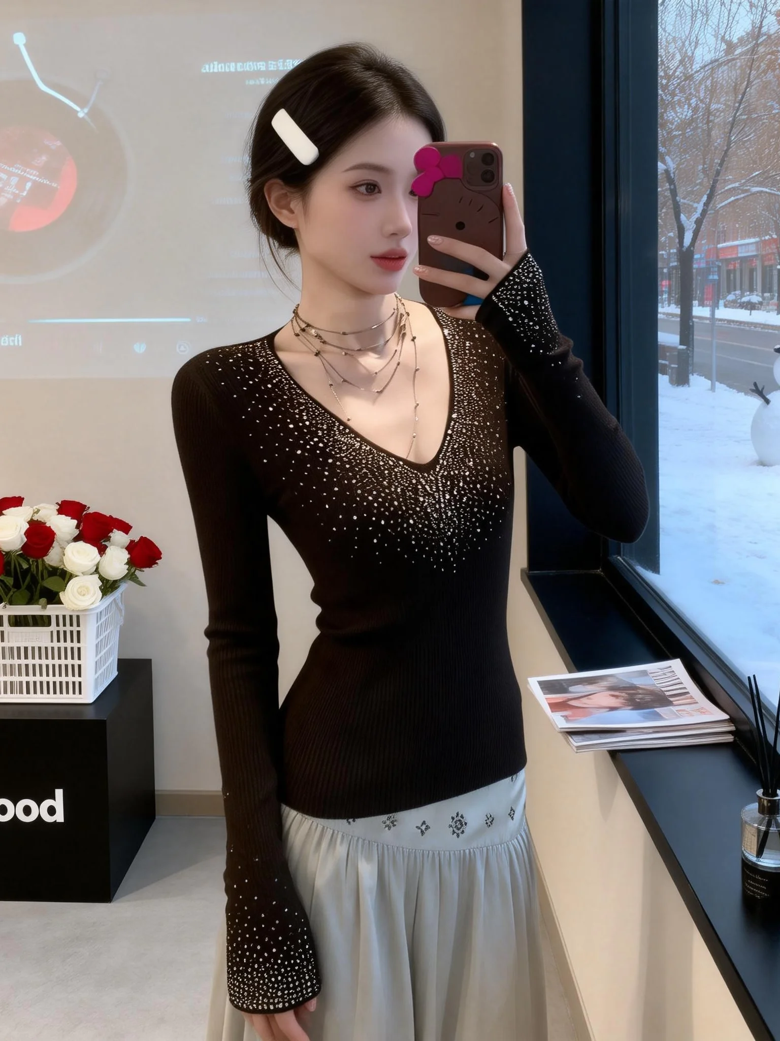 

Heavyweight Knitted V-Neck Long Sleeve Base Layer Top Women's Spring Autumn Fashionable Unique Slimming Inner Wear