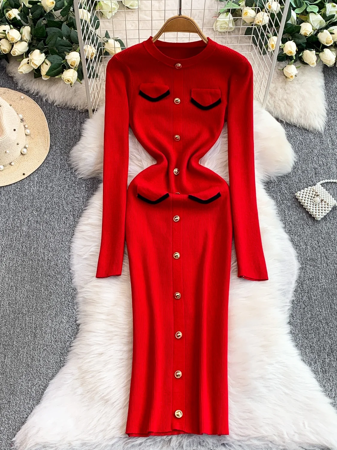 한국 슬레 니트 라운드 네드 여성 슬림핏 롱 스커트 하이웨이스트 엘라스틱 메탈 블루 가을 겨울 패션 드레스