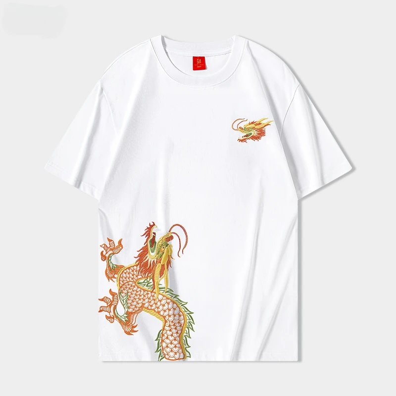 

Mens Fashion Cotton T shirt Dragon Chinese T Shirt Embroidery Short Sleeve Casual Loose Tees Top Male High Quility Hipster 2024