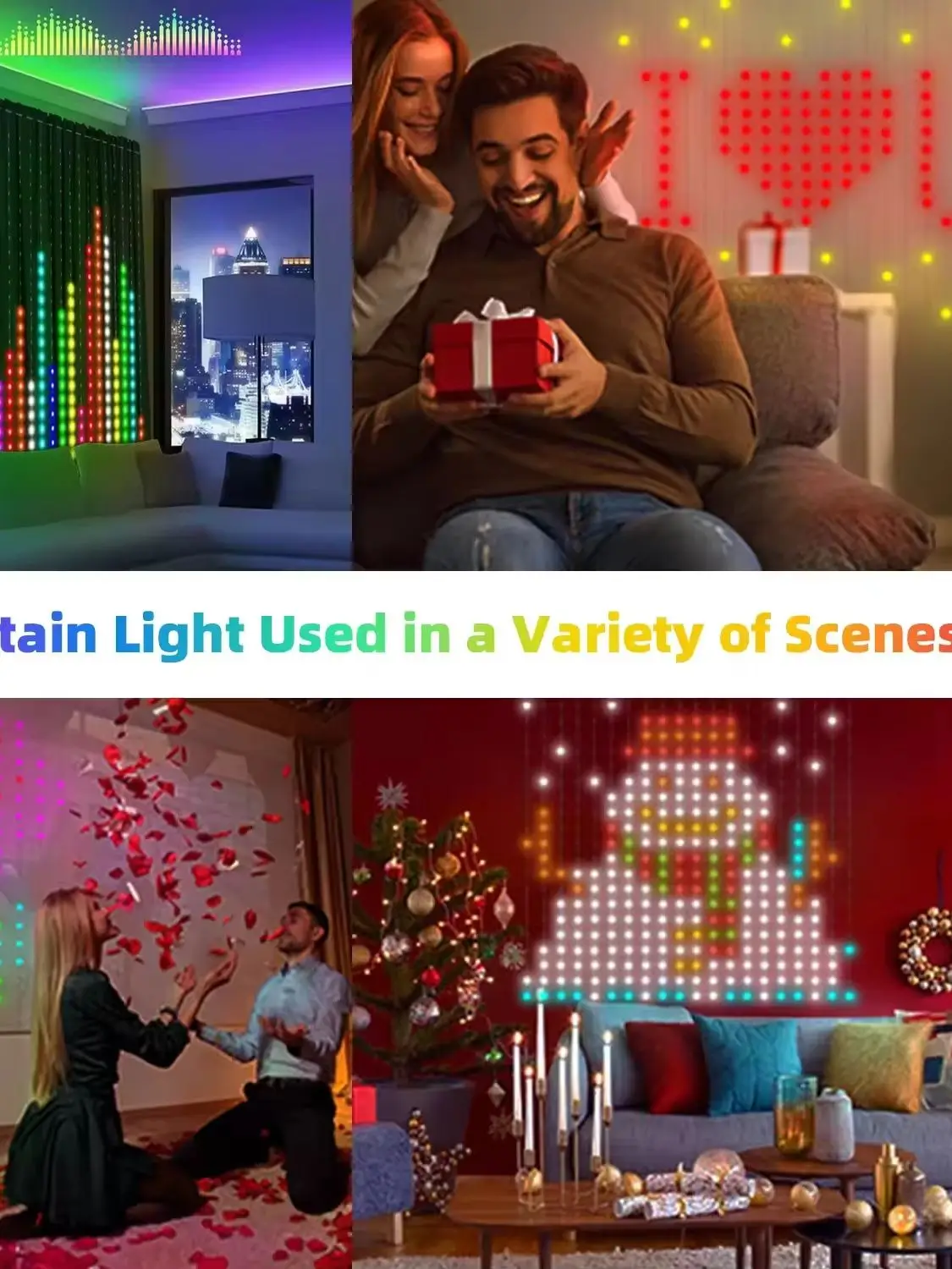 Inteligentne LED-owe kurtyny świetlne sterowane aplikacją, RGB, z możliwością ściemniania, DIY, z funkcją muzyki i oświetlenia ambientowego, do dekoracji domu, na święta, imprezy i Boże Narodzenie. — 2