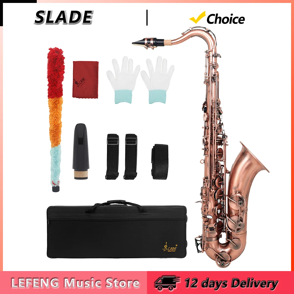 SLADE Brass Body Tenor Saxophone Bb Sax Engraved White Shell Keys Red Antique with Case Brush Gloves Cloth Woodwind Instrument