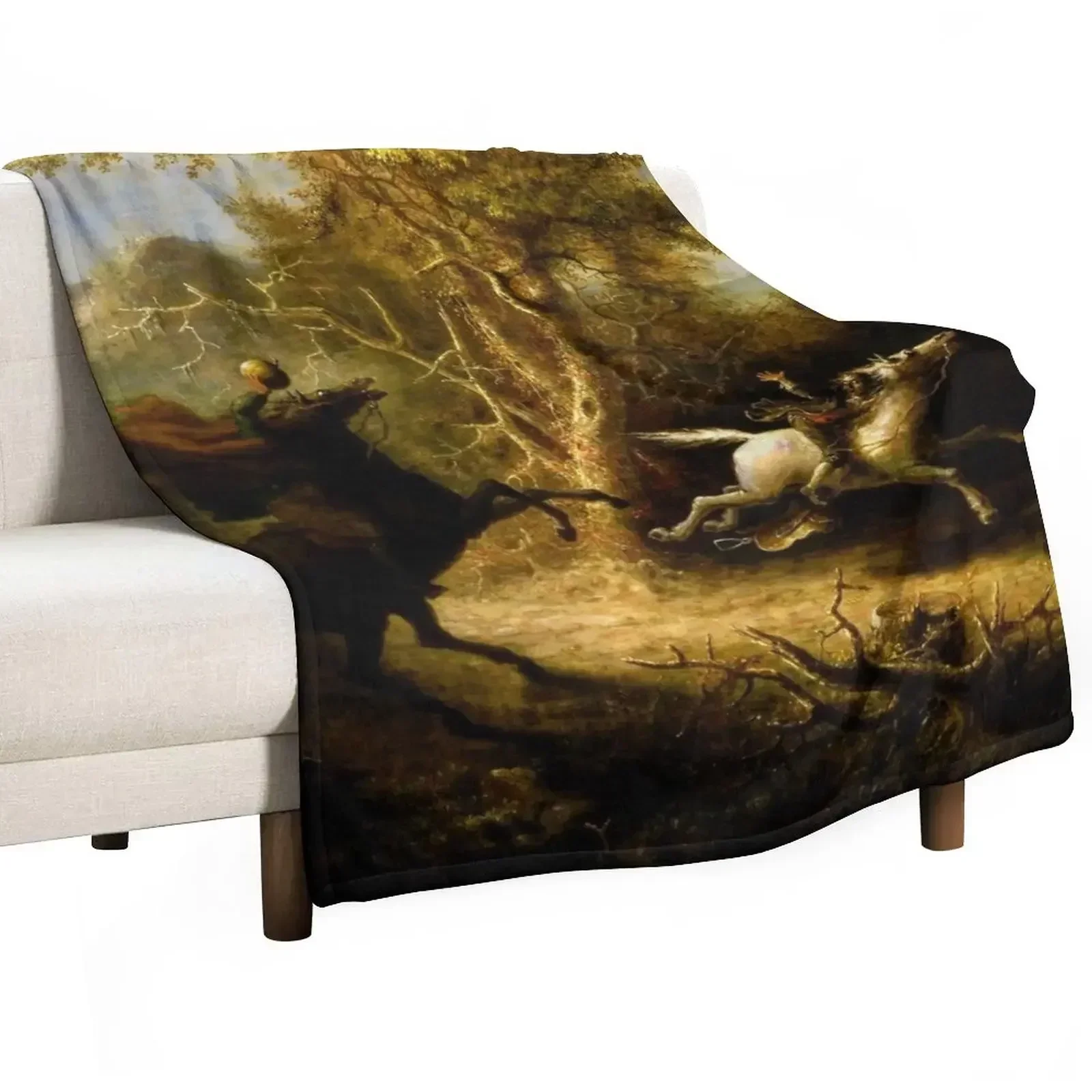 The Headless Horseman Pursuing Ichabod Crane Throw Blanket Decoratives Designers christmas gifts Flannel Fabric Blankets