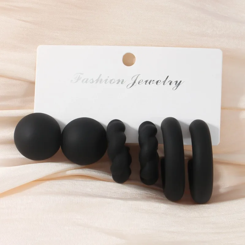 New 3-Pair High End Black Personalized Exaggerated CCB Earrings Creative Double Circle Women's Earring Set