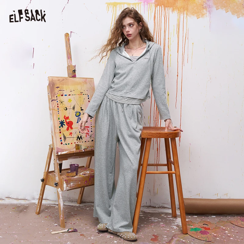 ELFSACK Grey Tracksuit Women's Summer Set, Casual Hooded Sweatshirt & Wide Leg Pants, Two-Piece Loungewear, 2026 Sporty Trend