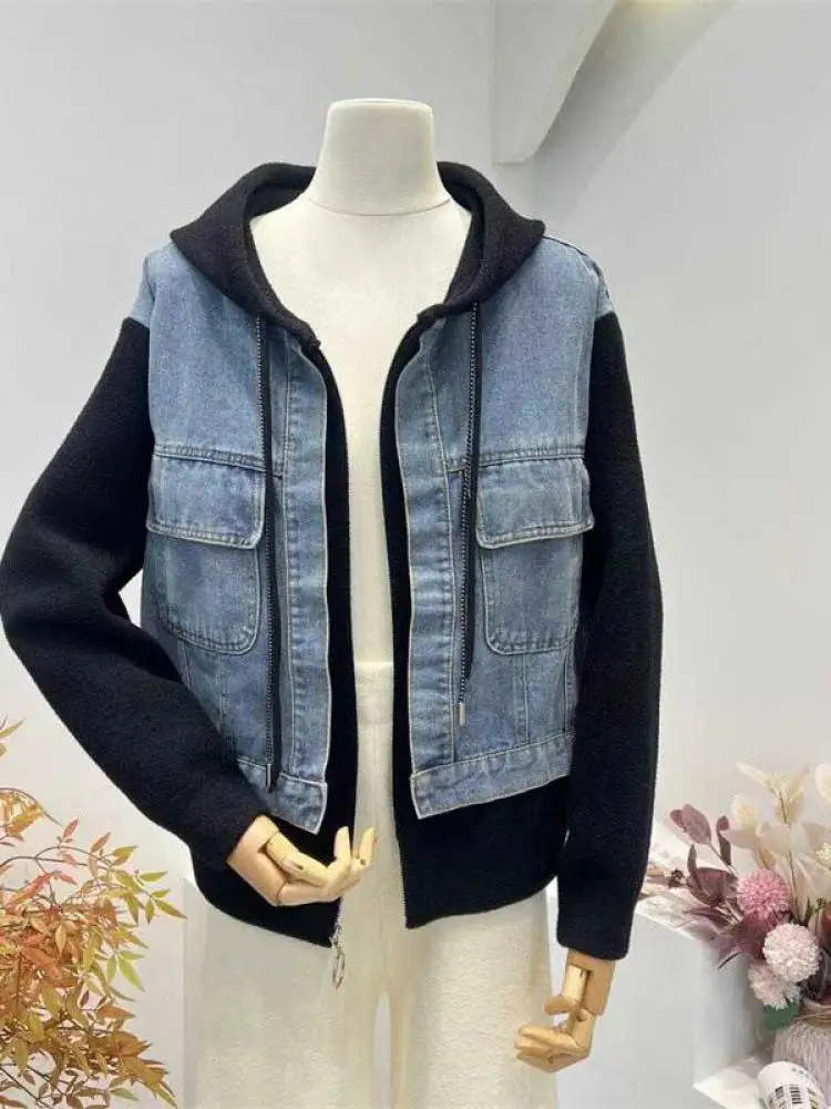 

Korean Autumn White Black Beige Denim Patchwork Hooded Cardigan Knitted Tops Vintage Women Long Sleeve Short Zipper Sweater Chic