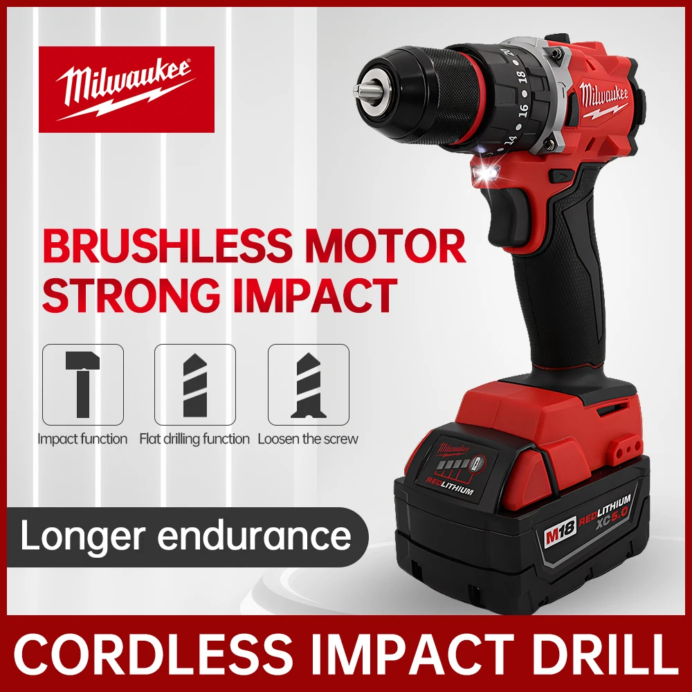 Milwaukee 20v lithium battery brushless impact electric drill  torque escalation speed Update brushless rechargeable power tool