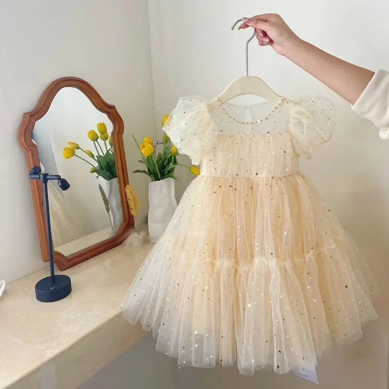 

Children Tutu Dress 1-8 Years Old Kids Birthday Party Clothes Girls Party Dress Toddler Summer Beige Cute Sequin Chiffon Dress