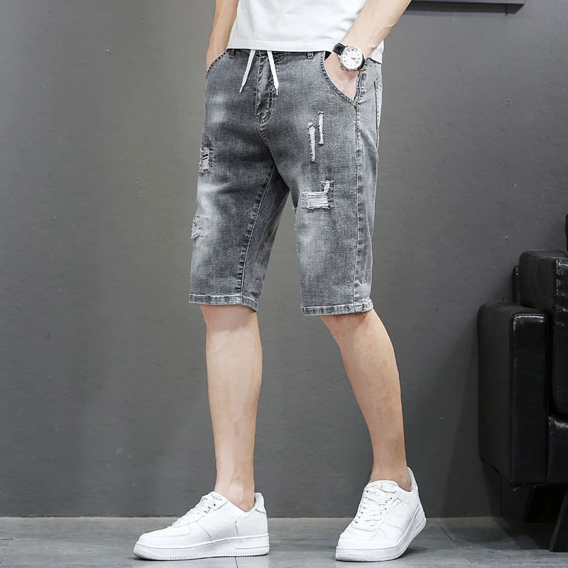 Short Jeans Pants For Men Bermuda Long Slim Man Denim Shorts Drawstring Gray Ripped Skinny Half Cut With Wholesale Original