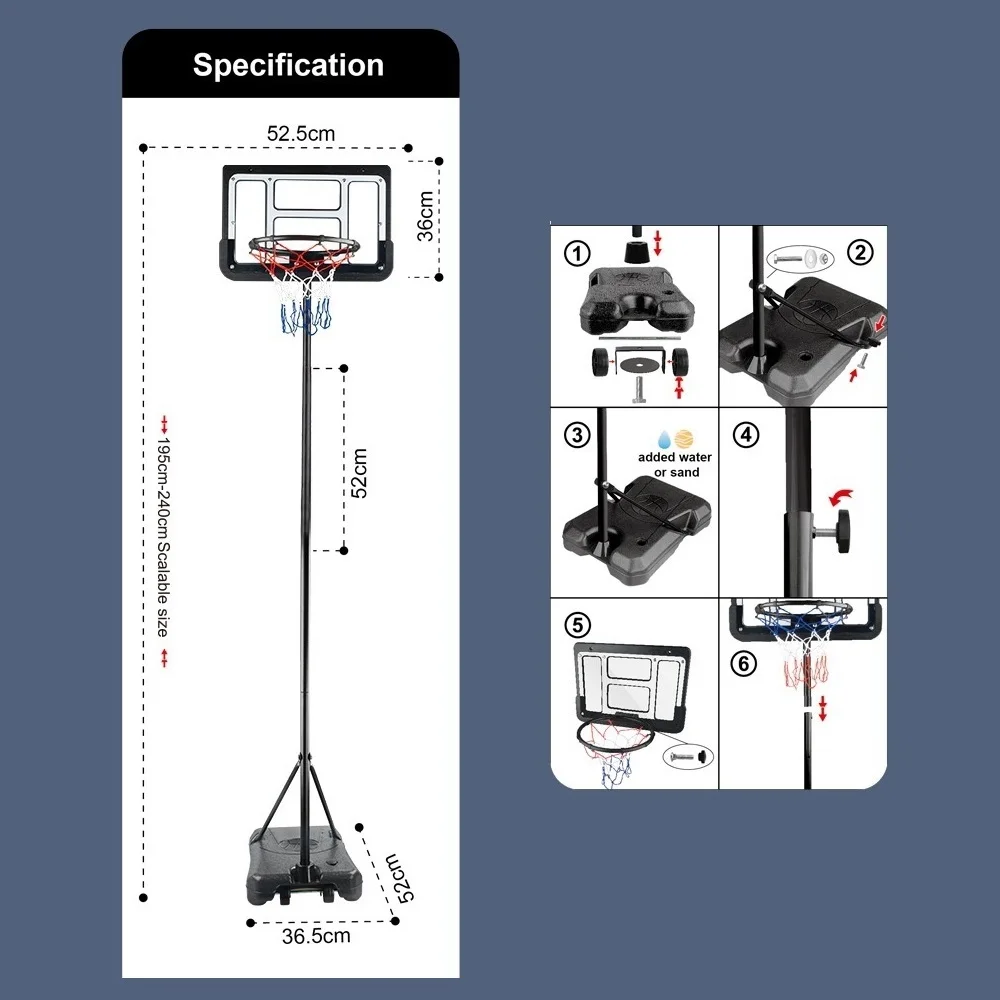 ห่วงบาสเก็ตบอลแบบเคลื่อนย้ายได้และมั่นคงสำหรับเล่นกลางแจ้ง ปรับระดับได้ พร้อมขาตั้ง ได้รับการรับรองจาก FIBA