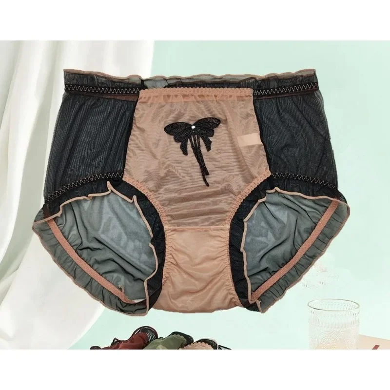 Bow Transparent Mesh Triangle Underwear Women Loose Sexy High Waist Light Skin Fashion Plus Size Women Underwear 2024 New