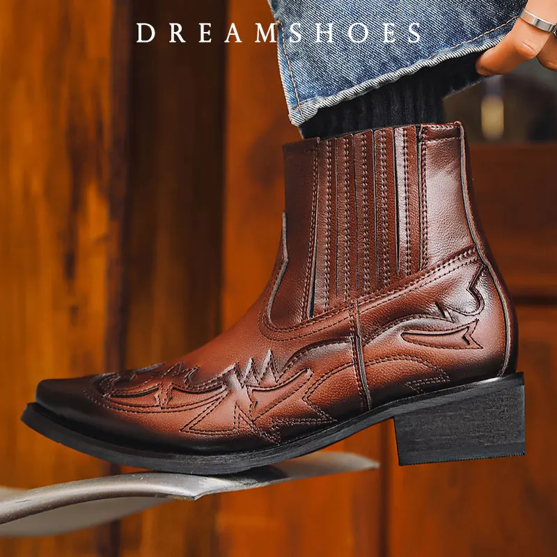 Size 35-50 Western Cowboy Boots For Men Women Embroidery Design Pointed Toe Shoes Men's Ankle Boots Unisex Leather Boots
