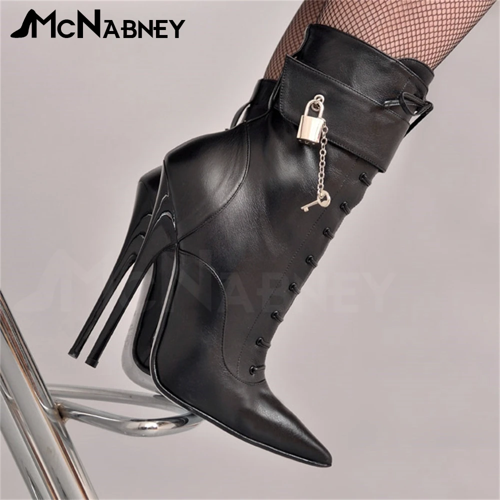 Extreme High Ankle Boots Metallic Lock Ankle Booties Sexy Style Hot Party Lace Up Boots Black Leather Pointed Toe Stiletto Boots