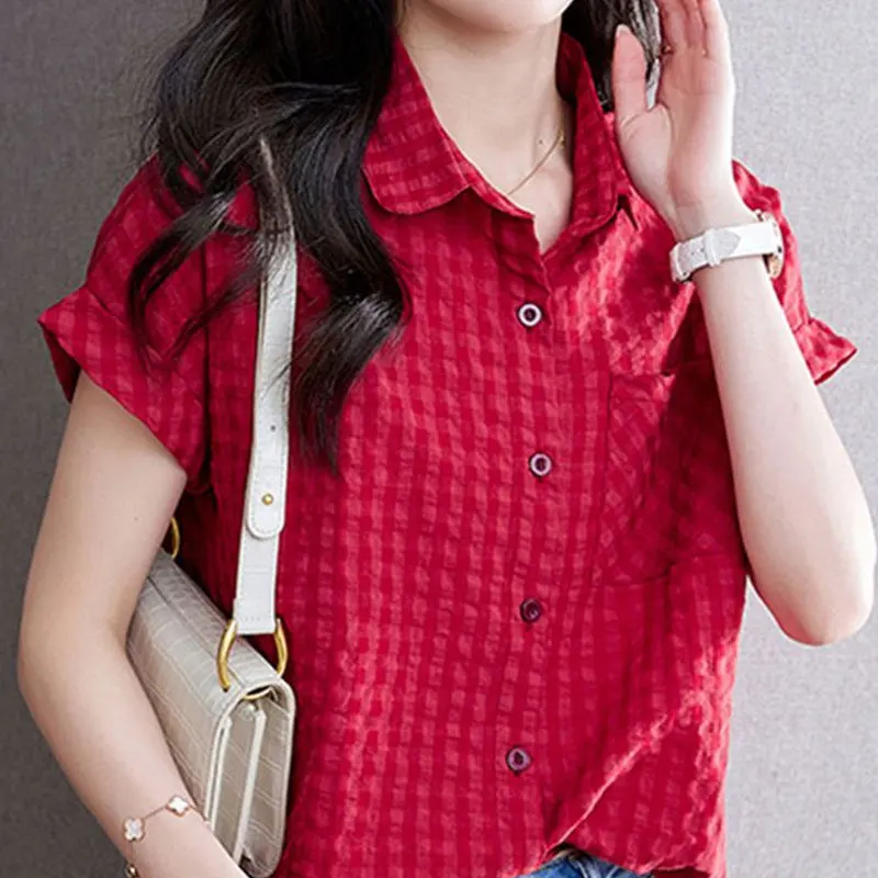 Women\'s Clothing Fashion Plaid Blouse 2024 Commute Single-breasted Casual Pockets Patchwork Summer Turn-down Collar Loose Shirt