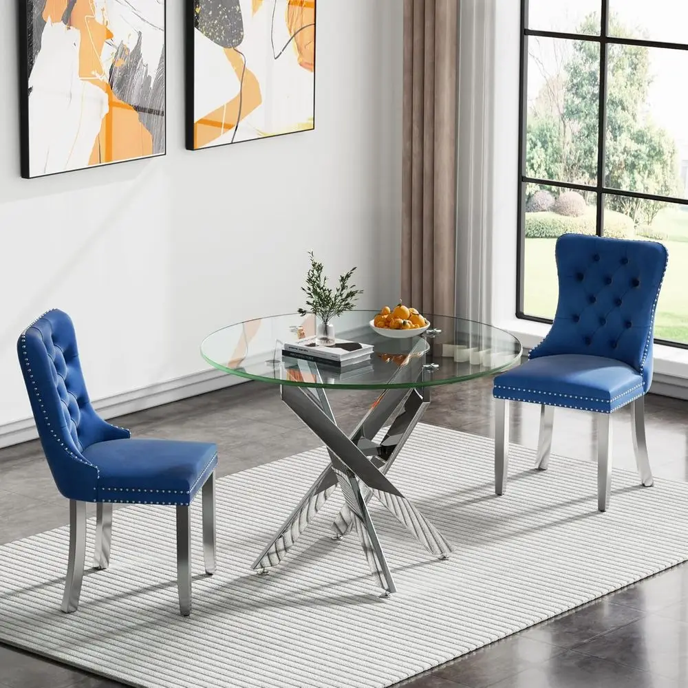 Compact 2-Person Glass Dining Table Set with Navy Blue Tufted Chairs