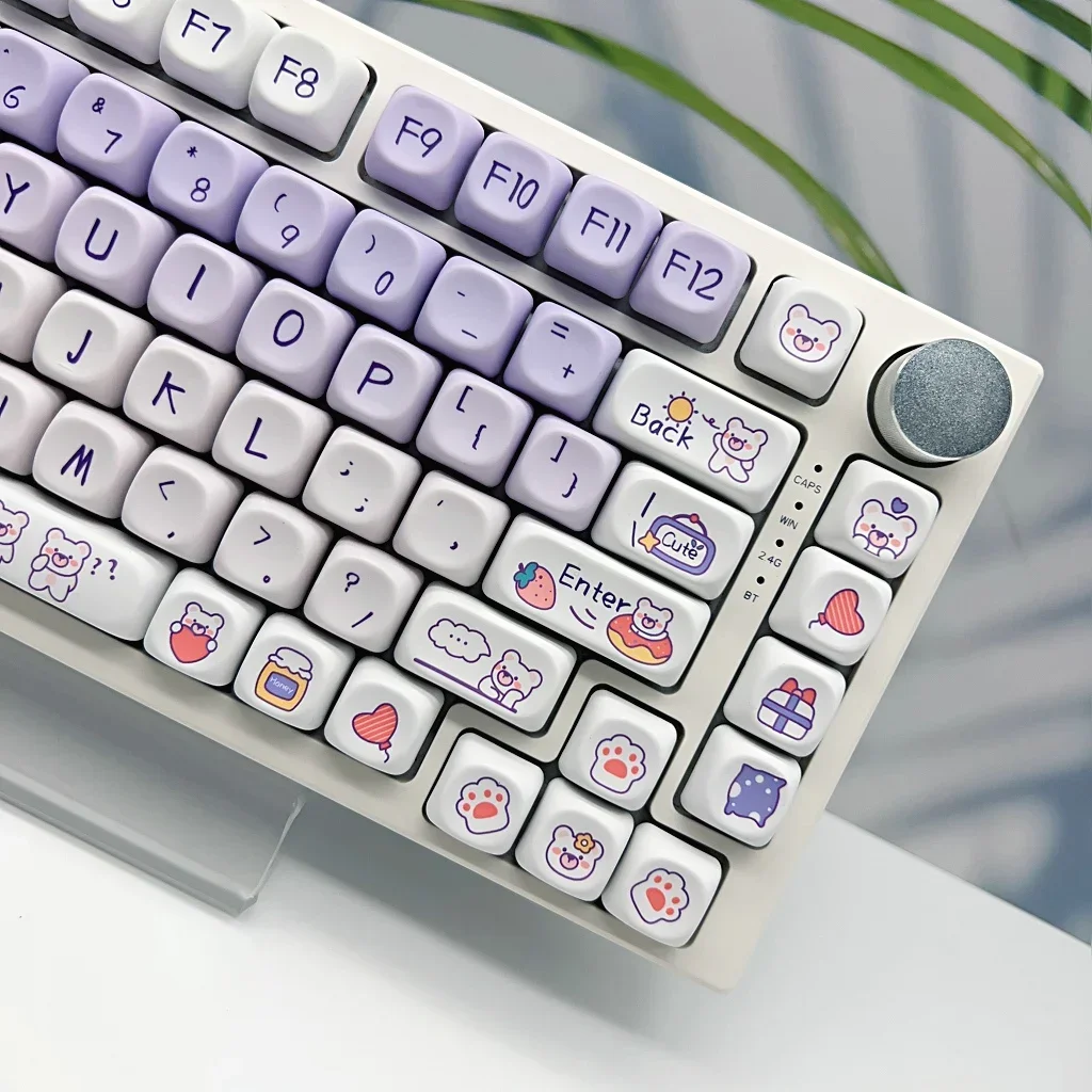 138Keys Purple Keycap Cute Bear Moa Pbt Sublimation Round For 68/75/87/98/108 Mechanical Keyboard Diy Flower Strawberry Keycap