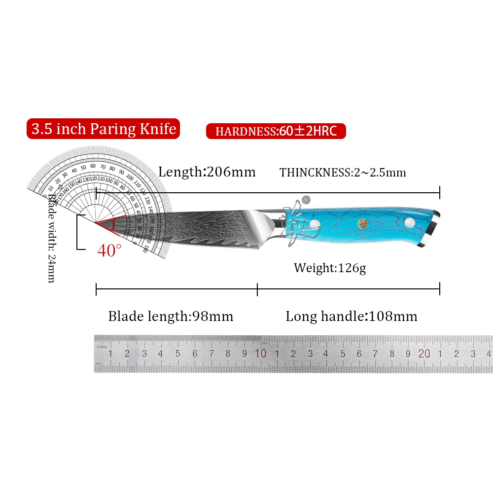 YAN Professional Japanese Damascus Steel Chef Kitchen Knife AUS-10 Core 3.5 Inch Paring Knife Blue Turquoise Resin Handle