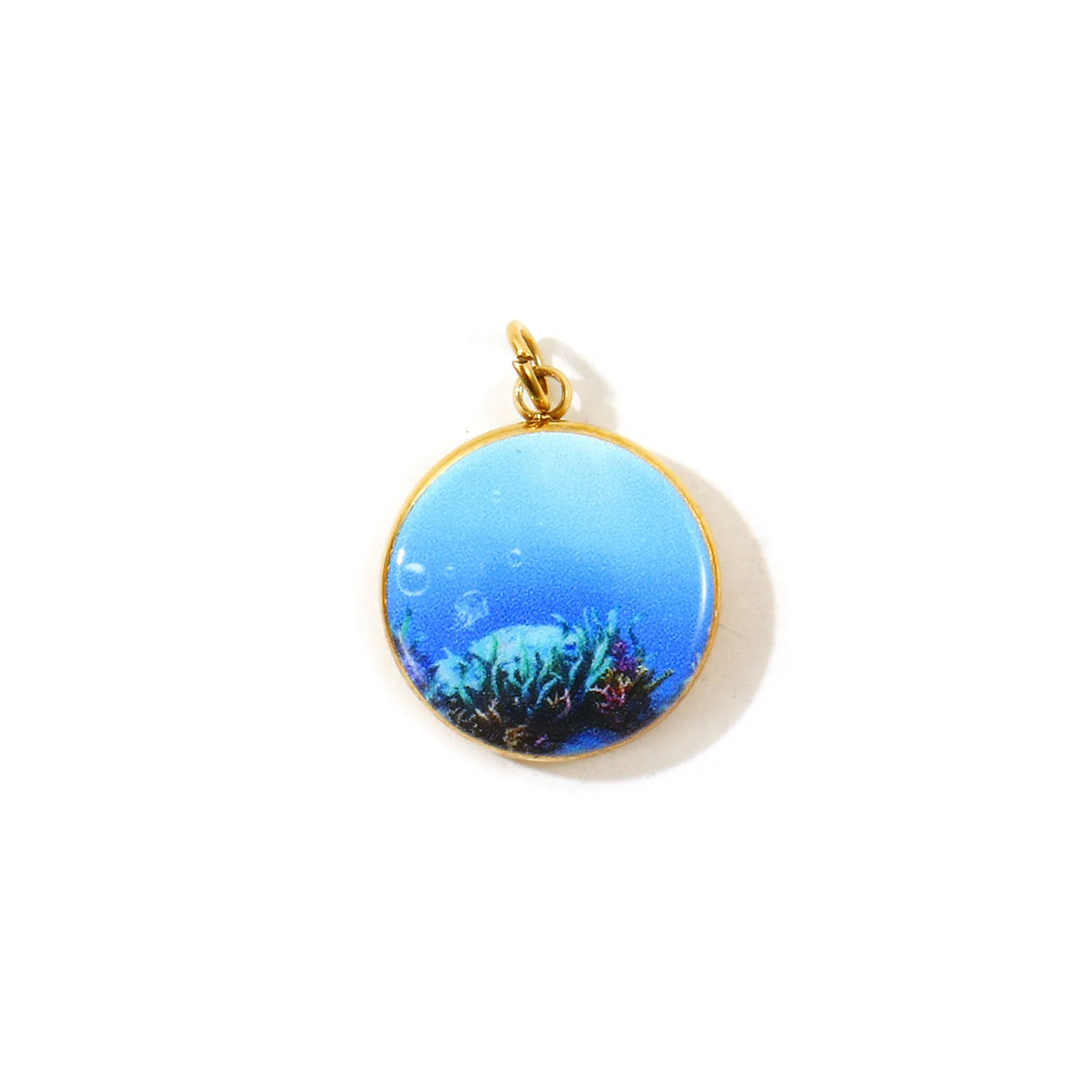2 Stück Ozean-Schmuckanhänger, runde Scheibe mit Fisch- und Krabbenmotiv, 18K vergoldet, 304 Edelstahl-Anhänger, DIY-Halskette, Großhandel, 19x14mm – Detail 5