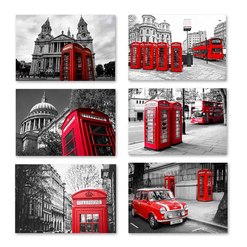 

Retro City Street Landscape Posters and Prints Red Telephone Booth Canvas Painting Wall Art Pictures for Living Room Home Decor