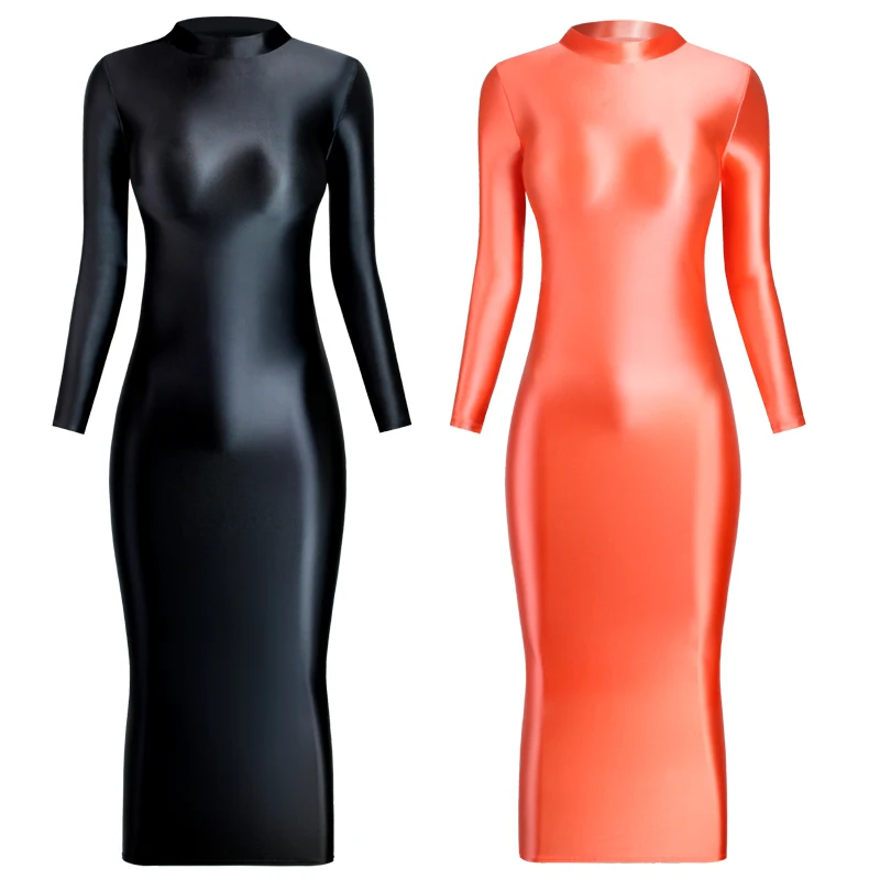 Sexy Glossy Women Bodycon summer Dress Wrap buttocks  Shiny Smooth Tight purple black Orange robe Dress long skirt body suits