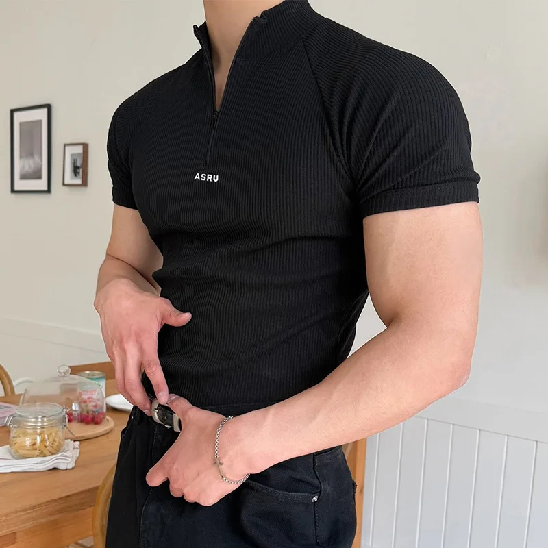 Men's Summer High Elasticity Ribbed Short Sleeve T-Shirt Quick Dry Breathable Sports Base Shirt Slim Fit Athletic Casual Top