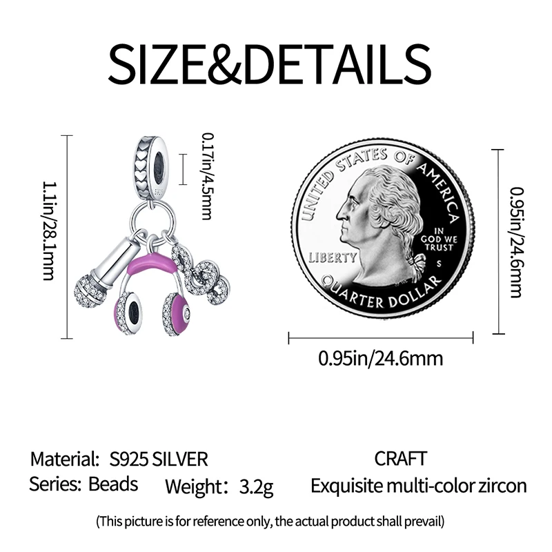 Purple Microphone Headphones Music Note Fit Original 925 Charms Bracelet Beads Unisex Hip Hop Fashion Jewelry Gifts for Women
