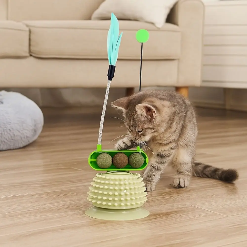 

Wear Resistant Cat Spinning Wheel with Feather Detachable Cat Teaser Stick with Ball Cat Floating Hair Relieve Boredom