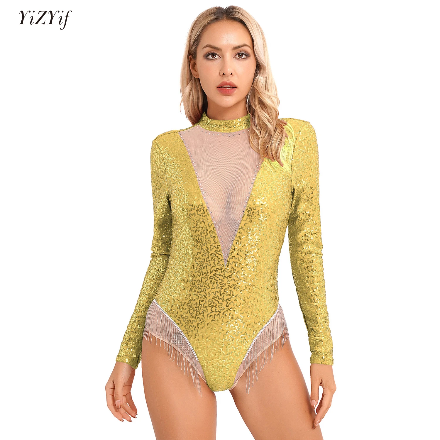 

Women Latin Dance Performance Costume Glittery Sequin Long Sleeve Tassel Jazz Dance Leotard Sheer Mesh Open Back Bodysuit