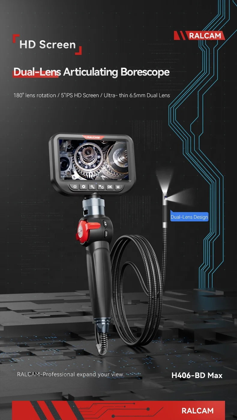 Industrial Hard Tube Borescope 6.5MM Dual Lens Endoscope with 5 Inch Display for Engine Repair and Pipe Check