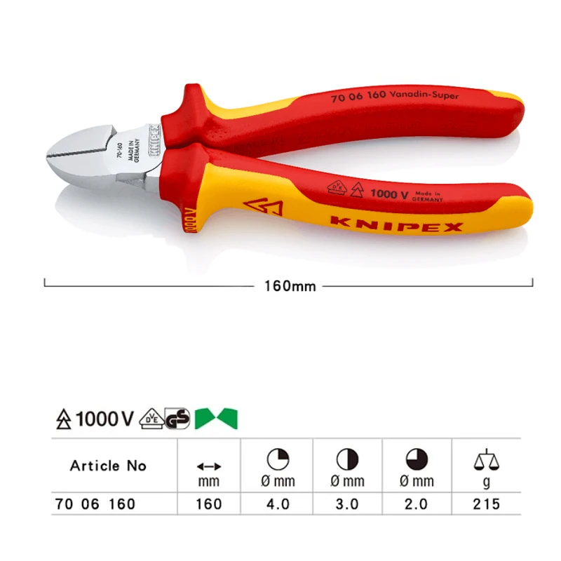 KNIPEX 70 06 160 Insulated Diagonal Pliers 1000V with Precision Cutting Edges for Soft and Hard Wire 160mm