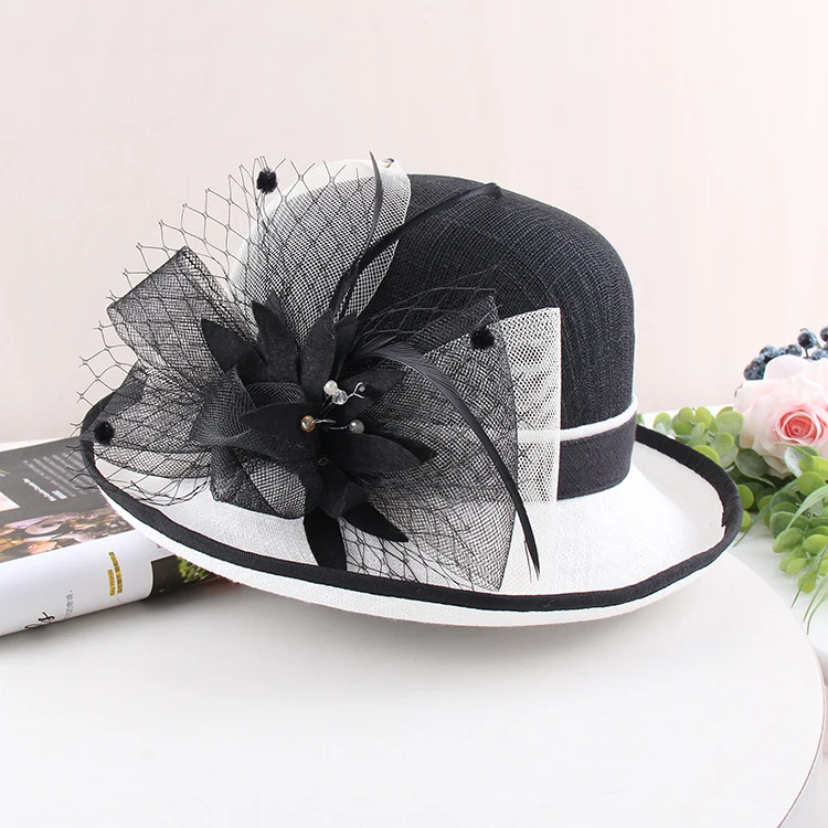 New Summer Straw Hat For Women Elegant Charming Flower Party Church Britain Retro Curl Brim Sunbonnet Outdoor Sunshade Beach Cap