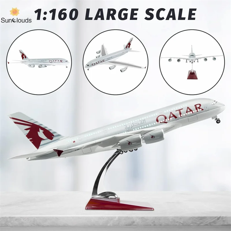 1:160 Scale Large Model Airplane Qatar A380 Plane Models Diecast Airplanes with LED Light for Collection or Gift