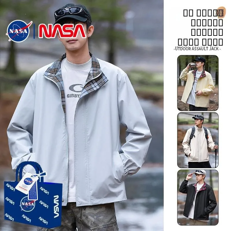 

Loose Fit Plaid Stand Collar Men's Jaet Trendy Sle Spring Autumn New Brand Windproof Men's Outerwear Polyester Fiber