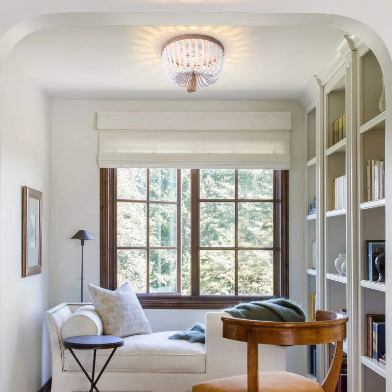 Bohemian Wooden Bead Ceiling Light For Bedrooms Home Decor European Vintage White Wood E14 Led Bulb Ceiling Lamp