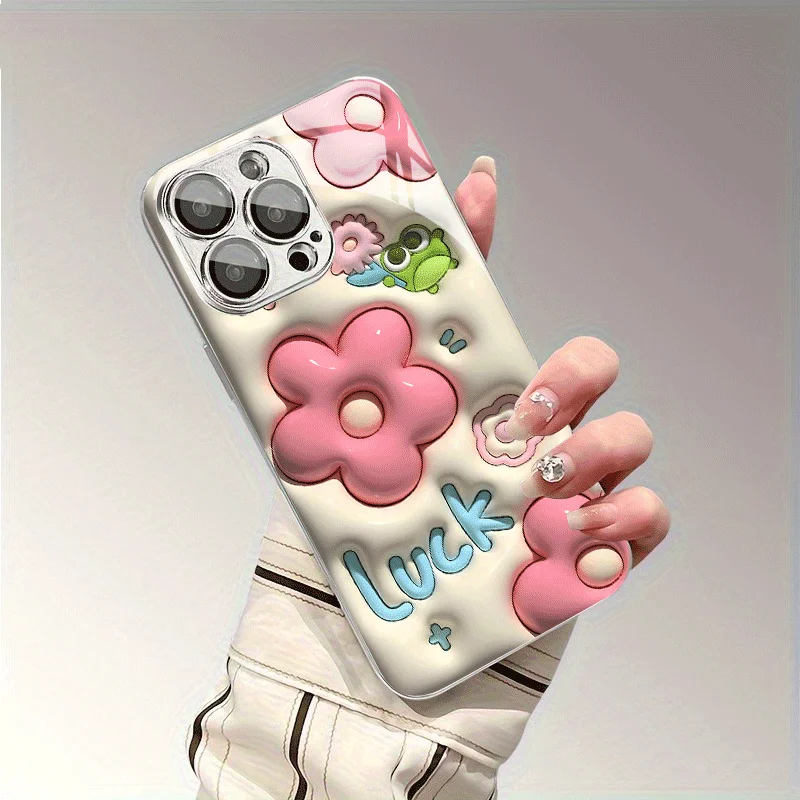 Custodia per telefono in vetro trasparente, splendidamente progettata con grande fiore rosa LUCK per iPhone17 16 15 14 13 12 11Promax Plus