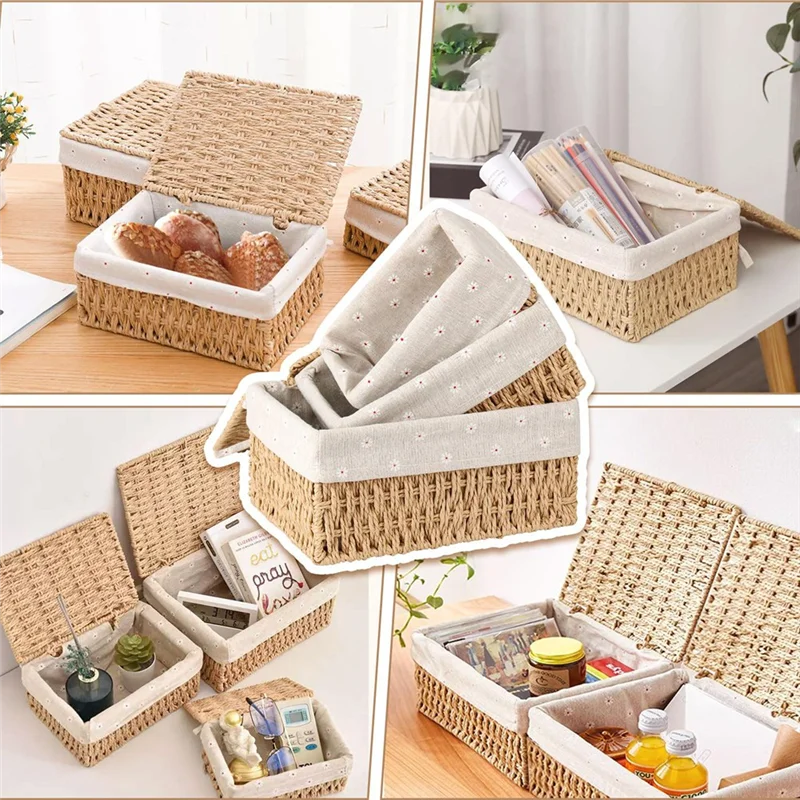 

BAAG-Корзина для хранения, упаковка из 3-х корзин для хранения с крышкой, тканая корзина из бумажной веревки, корзины в стиле бохо с подкладкой