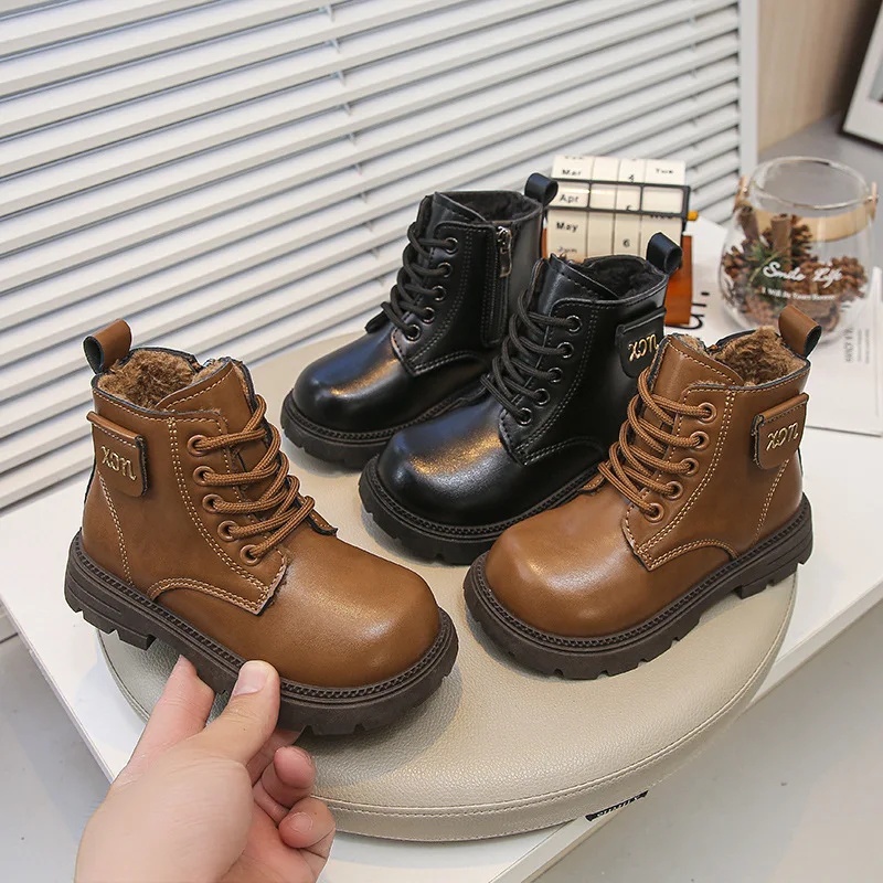 Little Boys Girls Winter Thick Warm Ankle Boots Kids Lace-Up Side Zipper Fleece Lined Combat Booties Non-Slip Rubber Sole Boots