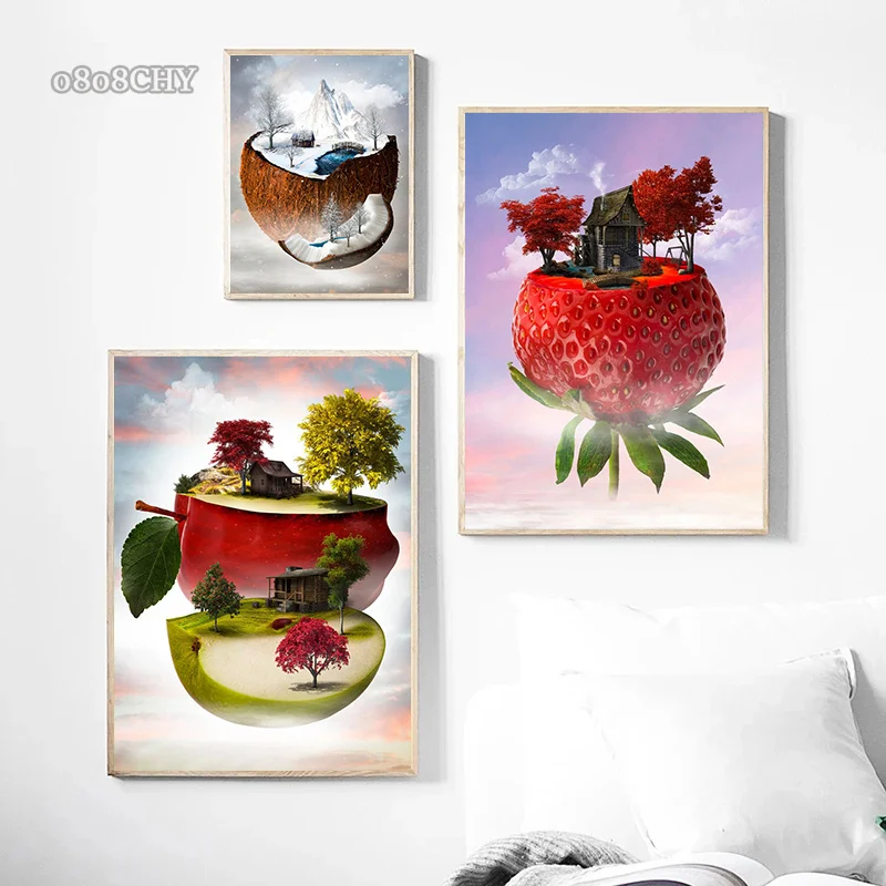 Surreal Fruits Apple Kiwi Watermelon Strawberry Land Posters Prints Wall Art Canvas Paintings Unique Fruits Pictures Home Decor