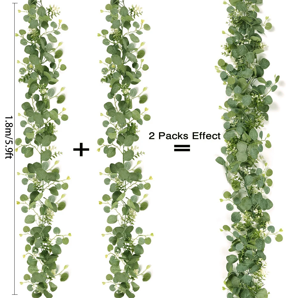 1,8 m künstliche Blumen Eukalyptus-Girlande, grün, gefälschte hängende Ranken für Hochzeiten, Zuhause, Garten, Outdoor, Garten, Bogen, Wanddekoration – Detail 3