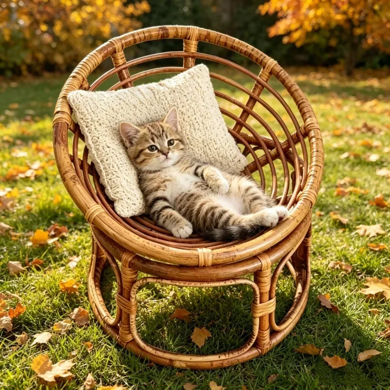 Elevated Round Wicker Cat Nest Natural Hand Woven Rattan Chair Breathable Pet Bed for Indoor Cats Pet Photography Scene Layout view 3