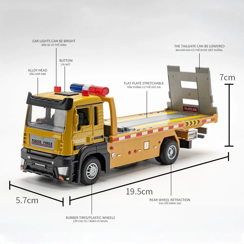 Vehículo de juguete fundido a presión 1:32, simulación de remolque plano, modelo de coche de aleación, sonido y luz, coches de Metal extraíbles, juguetes para niños, regalo para niños