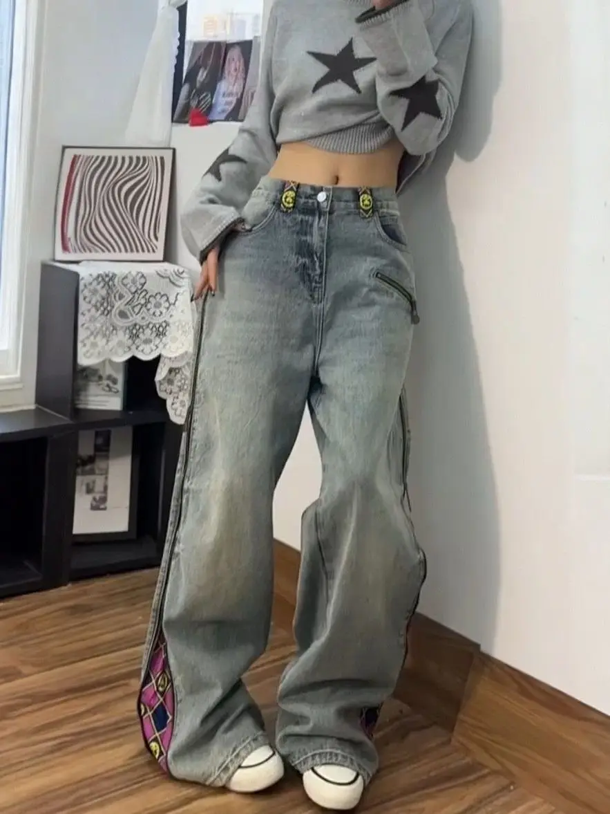 المرأة المطبوعة المرقعة فضفاض الجينز مستقيم الساق فضفاضة تناسب الدنيم عالية الخصر الجينز السراويل عادية عالية الخصر السراويل بنطلون