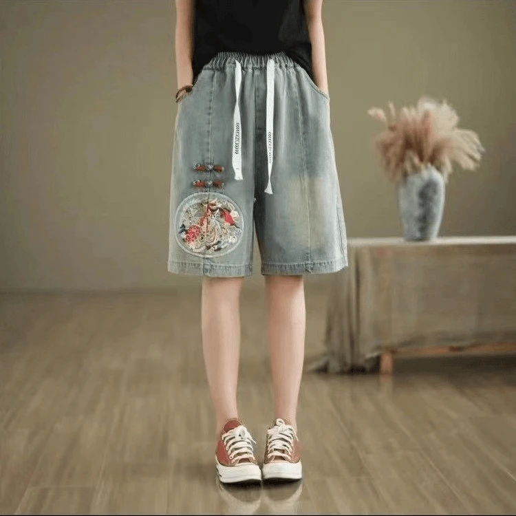 

Summer New Loose Large Size Embroidered Denim orts Casual Slimming Vintage Versatile Thin Waed Cotton Polyester Rayon orts